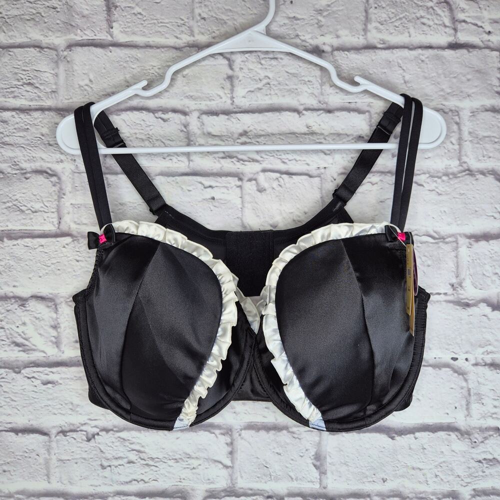 NWT Cacique Seriously Sexy Demi Bra 42DDD Black Satin White Ruffle Maid Coquette